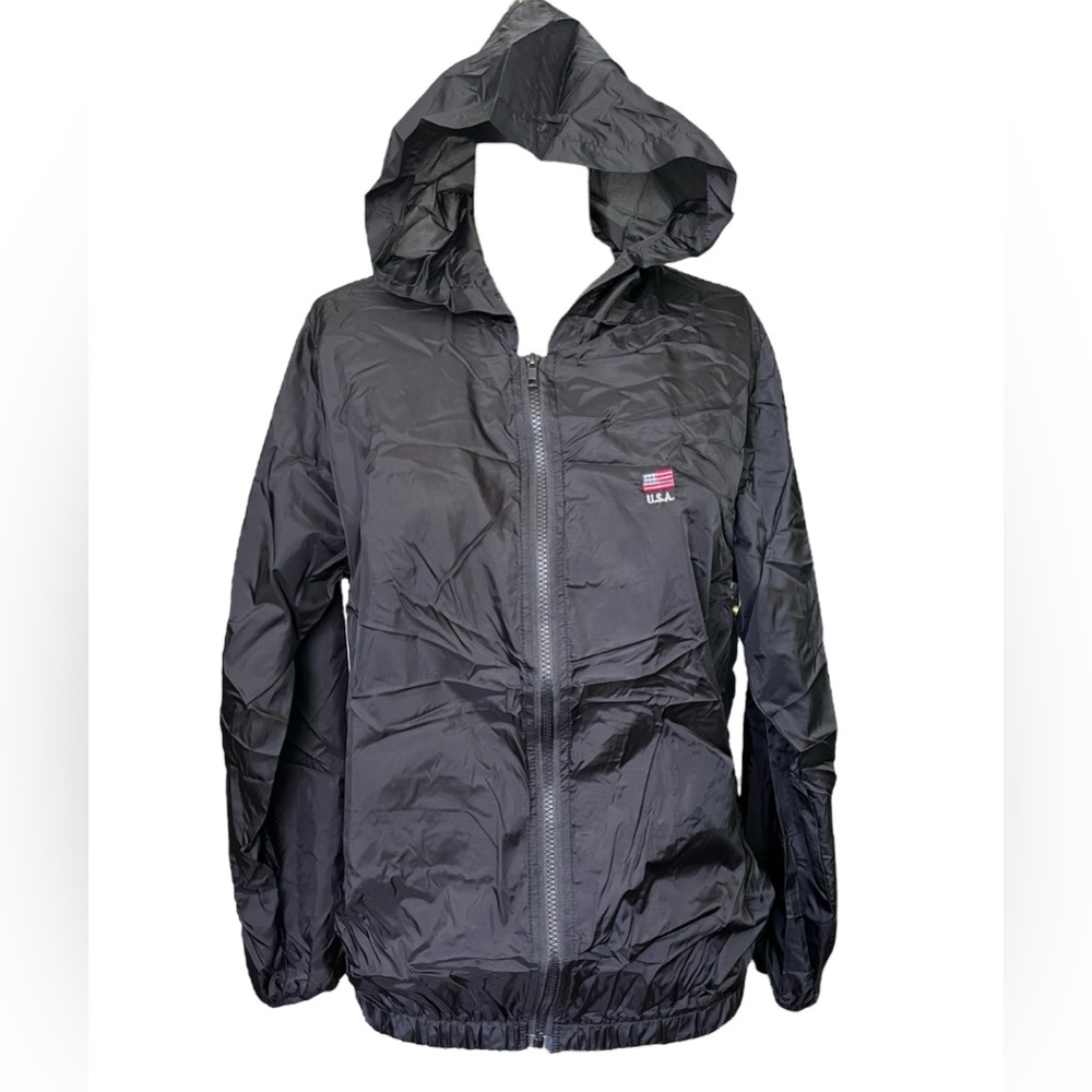 Brandy Melville Black USA flag Lightweight Hooded Windbreaker size Medium 20x23